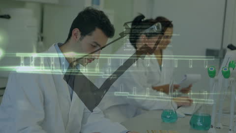 Diverse Scientists in Modern Laboratory with Digital Data Overlay