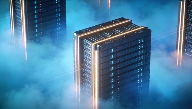 Rising server tower in volumetric fog showing neon data trails and blue-led accents