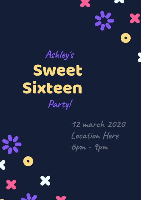 Festive template ideal for sweet sixteen invites and garden parties with playful and colorful floral design. Use for personalizing invitations for young girls’ milestone celebrations or bright, cheerful events.