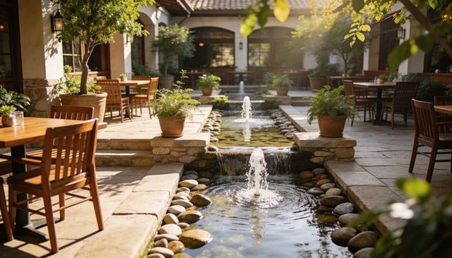 Sunlit spanish courtyard featuring cascading fountains, terracotta planters and outdoor dining terra