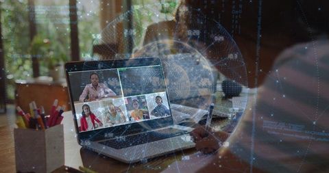 Virtual classroom on laptop with tutor leading family video call and digital globe overlay