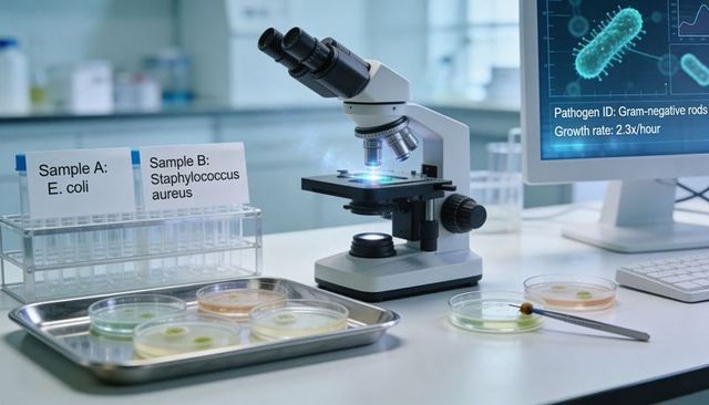 Microscope examining bacterial cultures on lab bench with labeled E. Coli and Staphylococcus