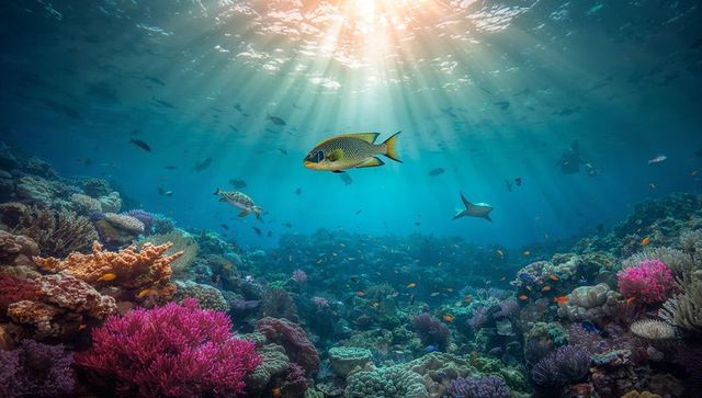 Sunlit tropical coral reef with yellow reef fish gliding through vibrant marine life