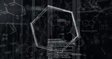 Digital design featuring chemical formulas overlaying a futuristic server room environment. Ideal for use in technology reports, marketing materials, and educational content showcasing cutting-edge digital networks and data visualization aspects tied to chemistry or pharmaceuticals.