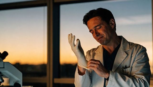 Donning glove at dusk in urban lab, scientist preparing microscope work under sunset light
