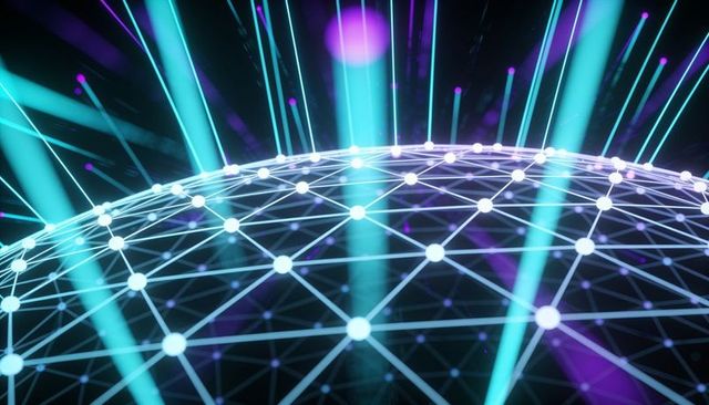 Pulsing neon network dome connecting global data nodes in futuristic cyberspace grid