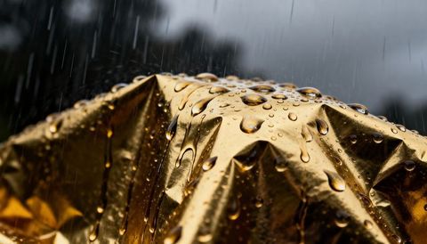 Shimmering crumpled gold foil with rain droplets, glossy metallic macro