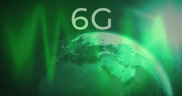 This visual emphasizes advanced 6G technology with a futuristic green tone illuminating a rotating globe. Perfect for articles and presentations on emerging tech trends, digital communication innovations, and future internet developments, conveying a sense of cutting-edge advancement and global connectivity.