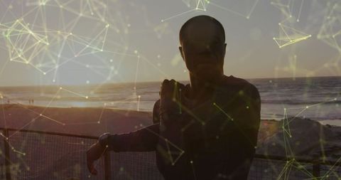 African American Man Exercising with Digital Network Overlay