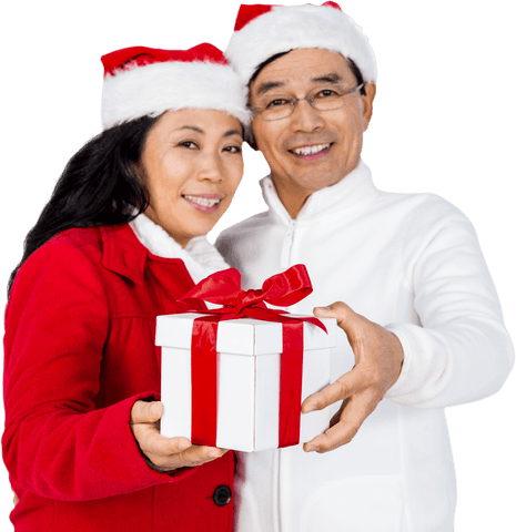 Happy Senior Asian Couple in Santa Hats Offering Christmas Gift Transparent