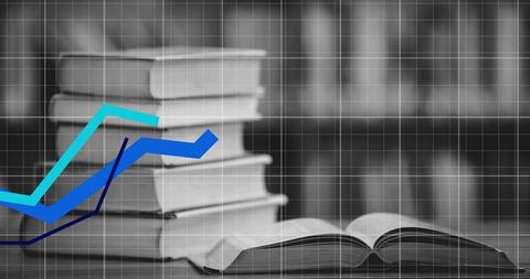 Blending stacked hardcover books and open book with rising data charts for academic growth