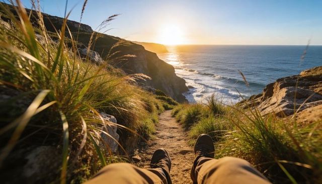 Resting hiker legs stretching down coastal cliff trail overlooking sunlit ocean at sunset
