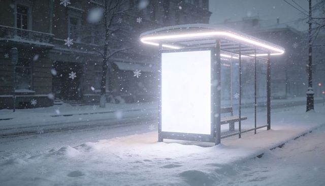 Glowing bus shelter at night casting cool light on snowy urban sidewalk with blank ad panel
