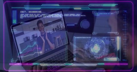 Futuristic remote collaboration laptop with holographic hud and smiling woman on video call