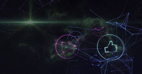 Futuristic Digital Network with Neon Icons in Cosmic Space