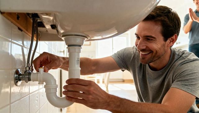 Smiling man fixing leaking p-trap under bathroom sink, diy plumbing repair at home