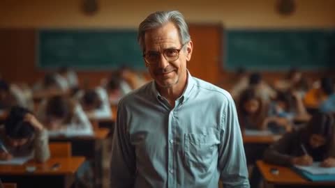 Teacher stepping forward monitoring exam in classroom full of students writing tests