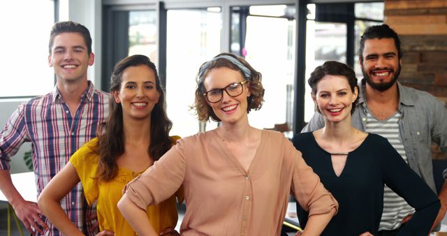 Group of business professionals standing confidently with hands on hips in an office environment. These diverse individuals radiate teamwork and collaboration, making this perfect for articles and content focussed on business success, company culture, teamwork, diversity in workplace, and motivational content.