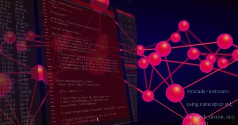 Neon neural network with rotating magenta nodes and sliding c++ code overlay