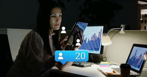 Nighttime businesswoman comparing tablet and dual monitors with analytics and notification 20