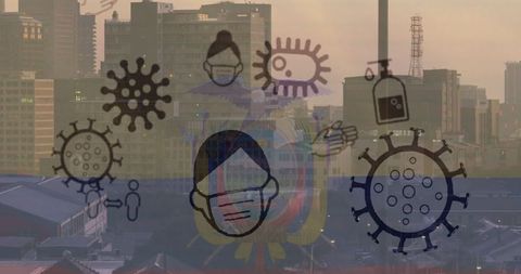 Ecuador cityscape with coronavirus icons and dusk city skyline