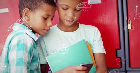 Students Checking Phone in School Hallway with Math Overlay