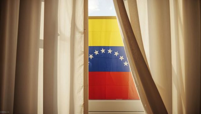 Peeking Venezuelan flag framed by sunlit curtains on balcony window with star arc