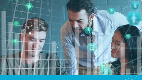 Diverse Team Collaborating with Technology and Data Graphics