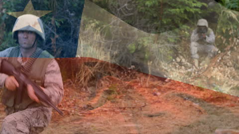Chilean Flag Overlay with Soldiers in Action Outdoors