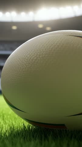 Vertical close-up capturing white rugby ball on green pitch under stadium floodlights