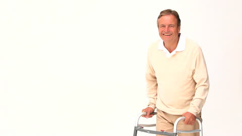 Cheerful Senior Man with Walker on White Background