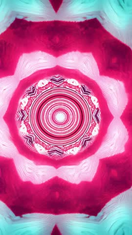 Pulsing kaleidoscope mandala morphing with concentric cyan and magenta rings vertical loop