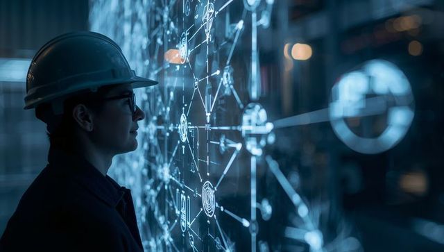 Female Engineer Viewing Holographic Network Schematic on Blue Interactive Tech Display