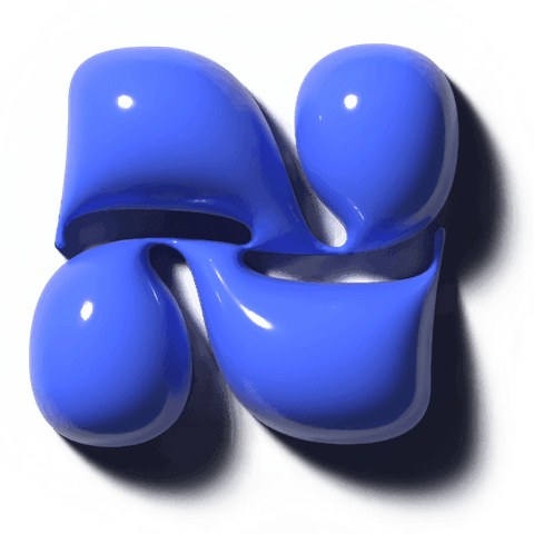 Glossy cobalt-blue 3d abstract sculpture floating on transparent plane with four lobes