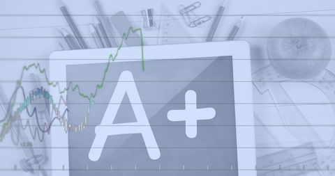 Digital tablet with a+ sign over financial data overlay