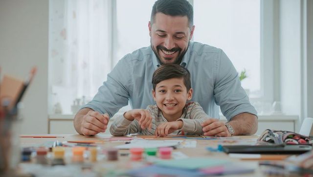 Father and son engaged in creative painting activity at home