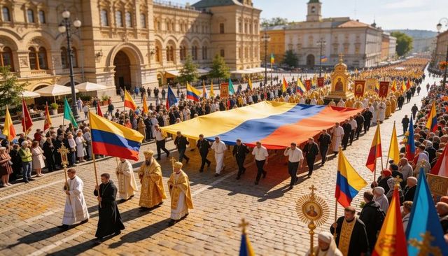 Colombian flag procession carrying giant tricolor during religious parade through historic avenue