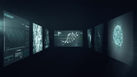 Futuristic Digital Data Screens with Animated DNA Graphics