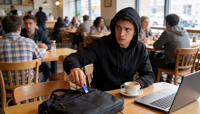 Suspicious man in black hoodie taking usb drive from laptop bag in busy coffee shop with laptop