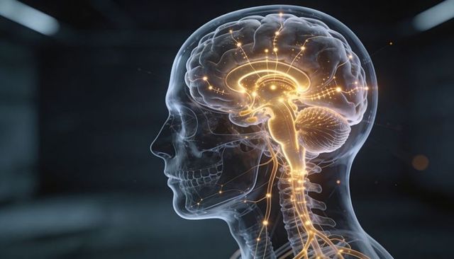 Translucent human head revealing glowing brain network and luminescent spinal nervous system