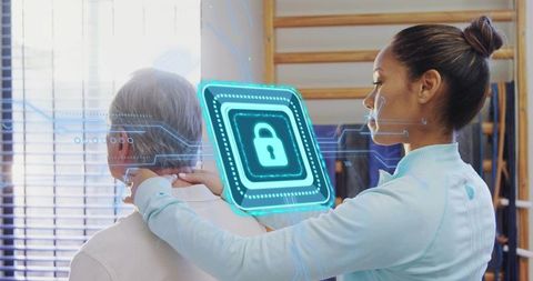 Physical therapist assessing senior neck mobility with augmented reality lock overlay