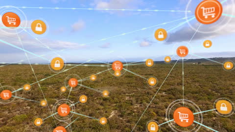 Digital Network Icons Over Natural Landscape Panorama