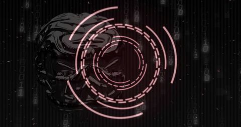 Glossy black sculpted head glowing behind neon-pink HUD rings and falling binary code