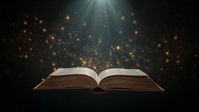 Enchanted book with glowing particles under mystic light