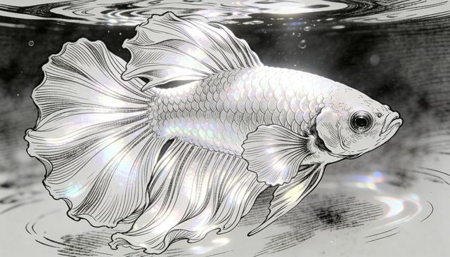 Gliding pearl-sheen betta with ruffled fins and ink-line ripples, monochrome illustration