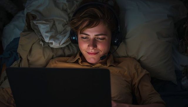 Young woman using laptop and headset late night on bed with cozy pillows, remote work