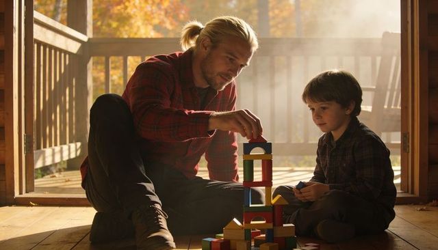 Father building wooden block tower with son on cabin porch during autumn sunlight, bonding