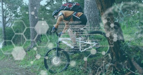 Mountain Biker Maneuvering Through Digital Overlay in Forest