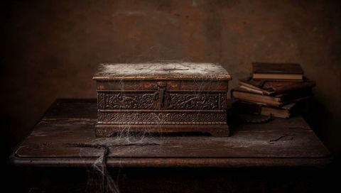 Resting carved wooden chest with cobwebs on worn table vintage dusty still life