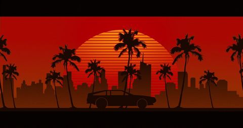 Retro City Skyline with Car and Palm Trees at Sunset